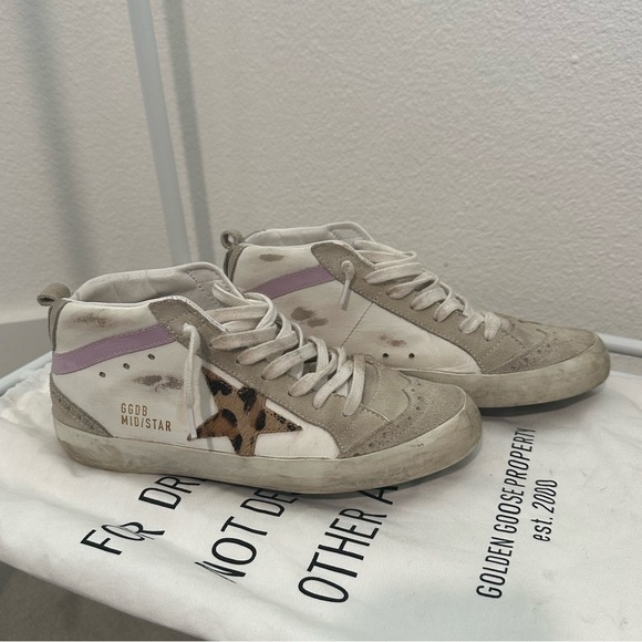 GOLDEN GOOSE WHITE GREY AND LEOPARD LEATHER SUEDE MID STAR SNEAKERS - Picture 2 of 8